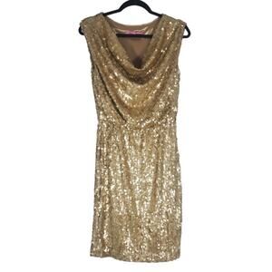 NWT Eliza J Gold Sequin Metallic Drape Neck Mini Cocktail Dress Size 4 New